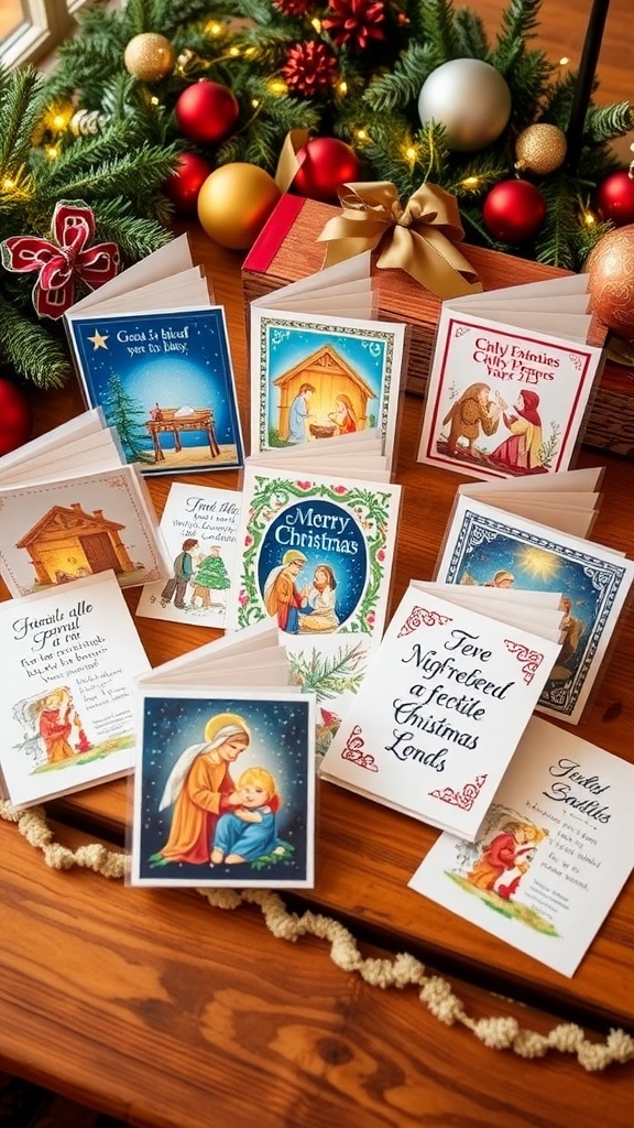 Christian Christmas Card Ideas A variety of Christian Christmas cards with nativity scenes and scripture on a wooden table with festive decorations.